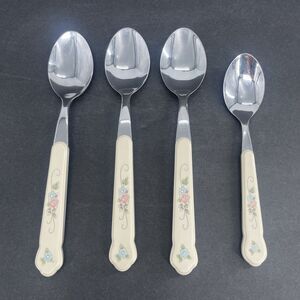 Pfaltzgraff Tea Rose 2 Oval Soup Spoons 1 Teaspoon Stainless Replacements *FLAW